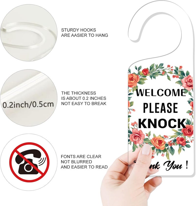 CHGCRAFT 2 Pack Flower Please Do Not Disturb and Welcome Please Knock Door Hangings Sign Do Not Disturb Sign Door Hanger Sign Acrylic Engraved Transparent Door Sign for Office Home and Meeting Session - Image 3
